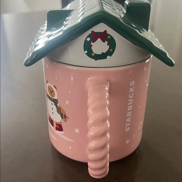 Starbucks 2025 Pink Holiday Gingerbread Mug with Green Roof Lid - Picture 2 of 5